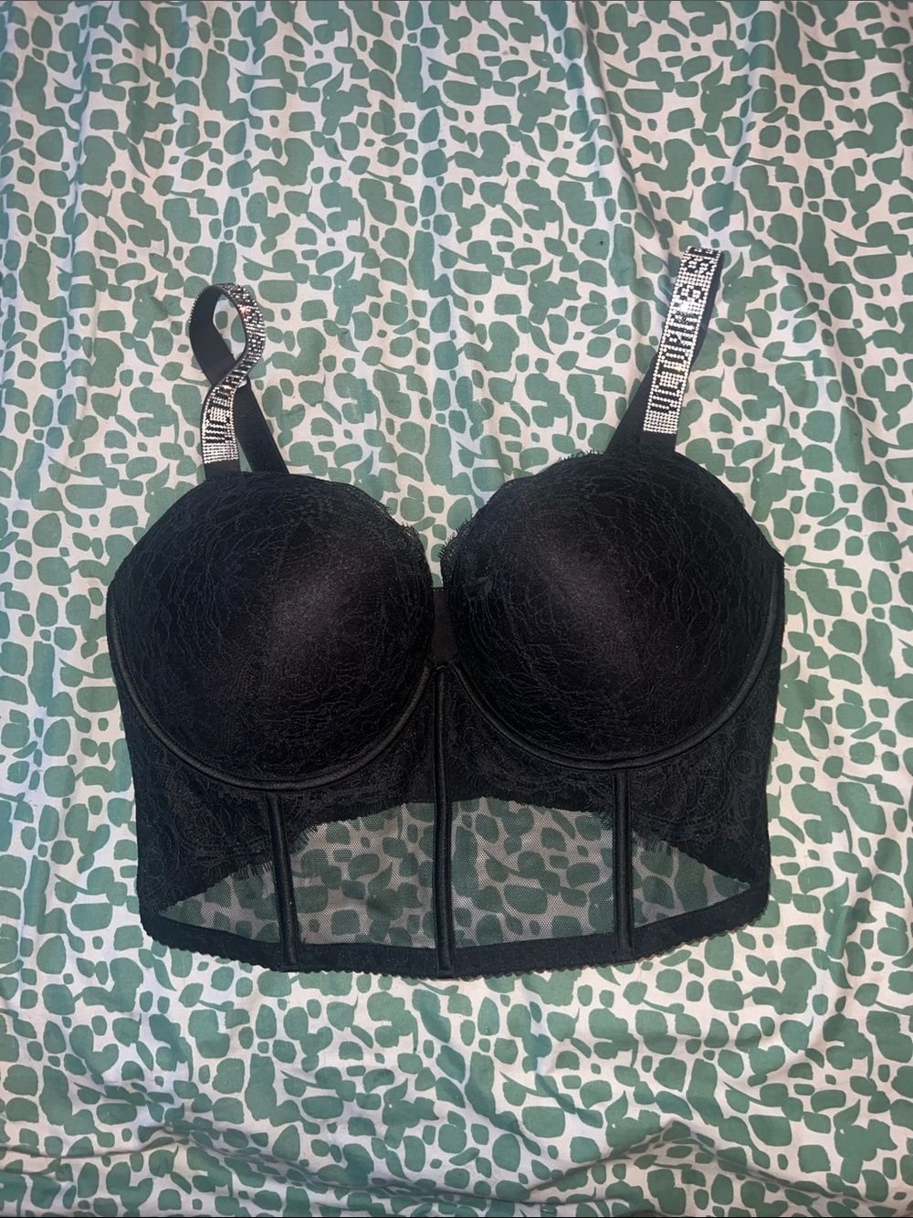 Victoria's Secret Black Lace Longline Bustier with Embellished Straps